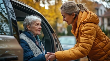 Female helper to help a senior woman get out of her car : Generative AI