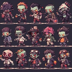 A vibrant collection of quirky zombie characters featuring unique styles and colorful details, perfect for Halloween-themed projects.
