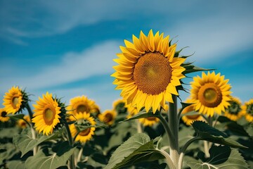 Obraz premium Vibrant Gold Sunflower Blooming Against Bright Blue Sky Background
