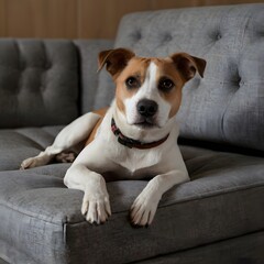 Jack Russell Terrier sitting on a couch - Serious Dog Relaxing on Couch and Gazing at Camera