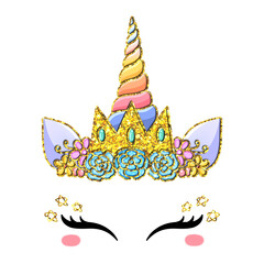 Unicorn head in cartoon style with rainbow hair.