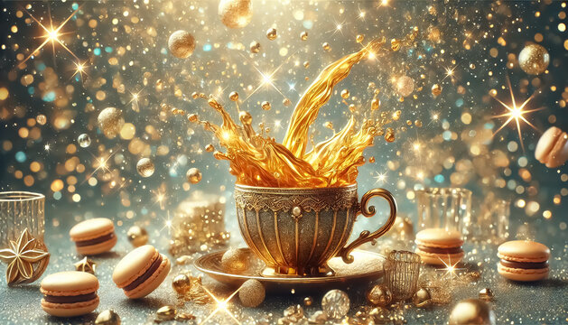 Advertising shot with splashing coffee in a stylish cup, macaroons and bokeh background