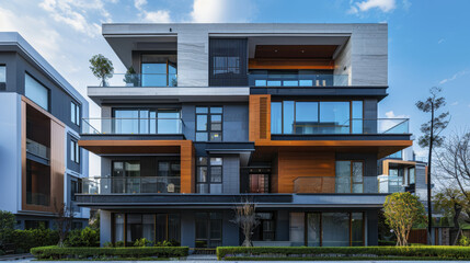 Obraz premium Modern luxury multi-story apartment building exterior with dark gray and wood accents against a blue sky.