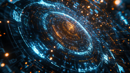 Futuristic HUD displaying a 3D object with a high-tech holographic interface of glowing fractal particles, representing nanotechnology radar software 