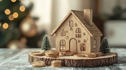 2024 New year New home budget Real estate Asset management Business and financial New year property investment concept House model on 2024 wooden blocks and coins on floor Happy new ye : Generative AI