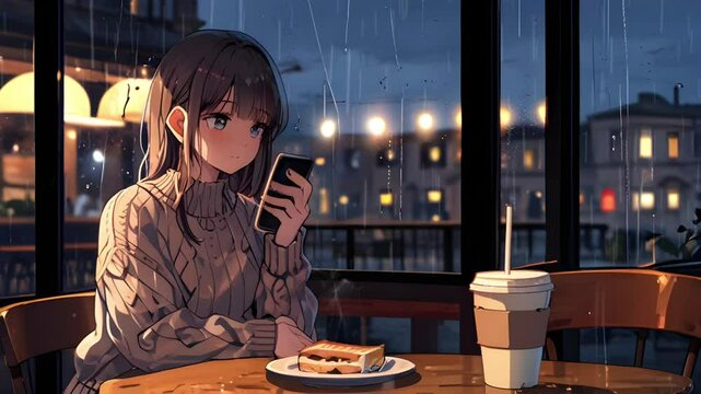 Girl holding mobile phone in cafe at night with rainy atmosphere, Anime or cartoon style. Seamless 4K looping timelapse video animation background