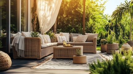 Tropical-inspired outdoor with rattan furniture.