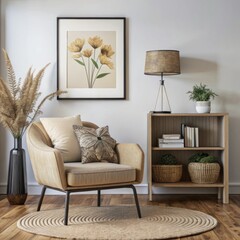 A stylish and minimalist corner of a living room features a mid-century modern armchair with a beige cushion and a soft brown pillow.