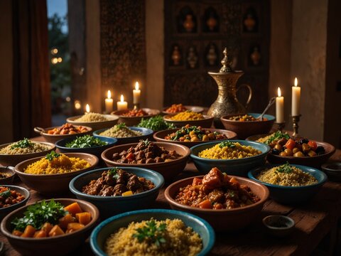 Traditional Feast Table with Colorful Dishes