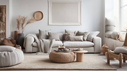 A living room Scandinavian style with light wood accents. The room has a cozy.