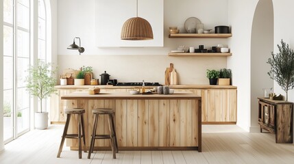 A kitchen Scandinavian style with light wood accents. The room has a cozy.