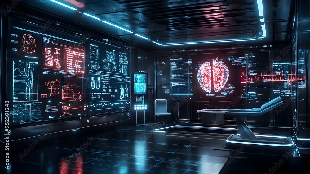 Poster futuristic ai powered healthcare system with glowing medical data visualizations and sleek minimalis