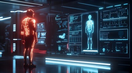 Futuristic AI Powered Healthcare System with Glowing Data Visualizations and Personalized Treatment Options