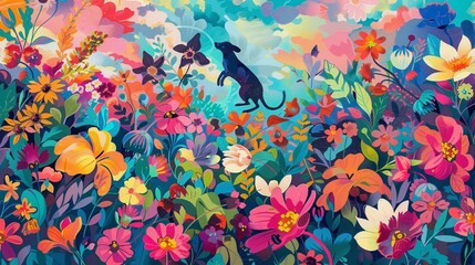 Playful scene of a dog and cat running through a sprinkler on a hot summer day