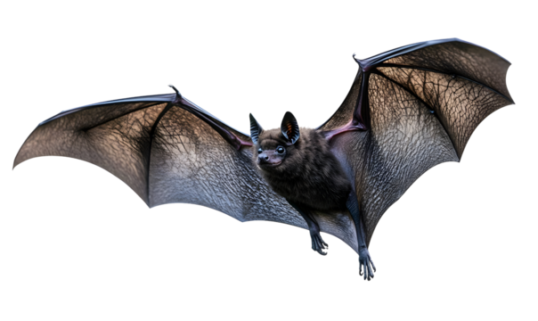 A close-up of a flying bat with detailed wings against a dark background, showcasing its unique features and natural beauty.