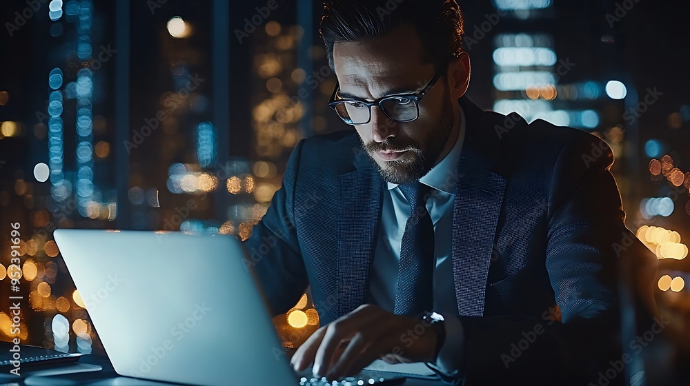 Aufkleber Business accountant working on laptops in the office Man in a suit and glasses sitting at his office desk using two notebook computers working with data sheets and checking information : Generative AI
