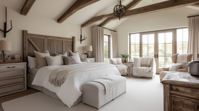 A bedroom with wooden beams and vintage appliances rustic farmhouse style.