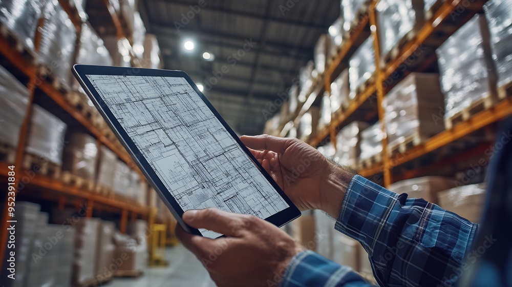 Aufkleber Hands architect and tablet for blueprint in logistics warehouse for building design and expansion Contractor people and scrum on app for floor plan review or meeting in factory for sup : Generative AI