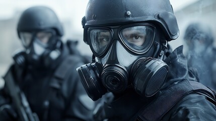 Fototapeta premium Military police wearing gas masks : Generative AI