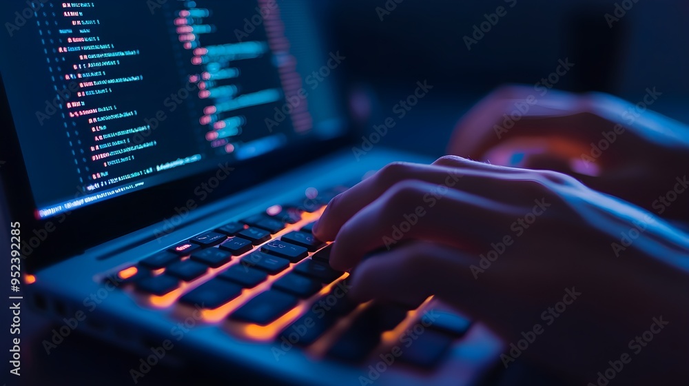 Poster hands typing code on laptop in dark room - tech background