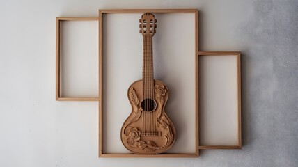 Naklejka premium Spanish Flamenco Guitar Relief: Hand-Carved Wood Art Embodies Heritage