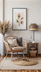 A stylish and minimalist corner of a living room features a mid-century modern armchair with a beige cushion and a soft brown pillow.