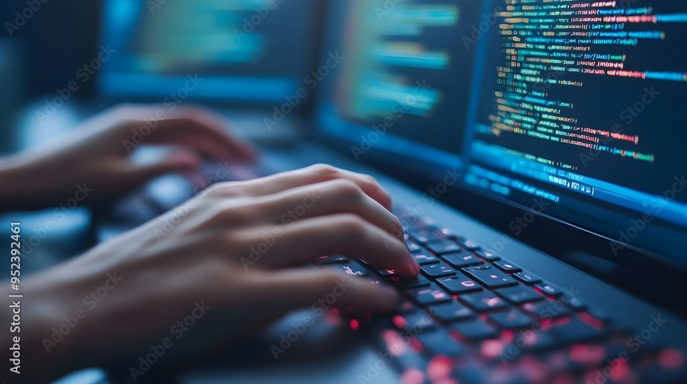 Poster hands typing code on laptop keyboard in dark room