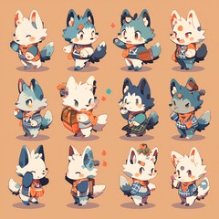 Fototapeta premium A collection of adorable cartoon fox characters in various playful poses, each showcasing unique outfits and accessories.