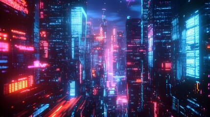 Futuristic Neon Lit Cityscape with Towering Skyscrapers and Vibrant Urban Landscape at Night