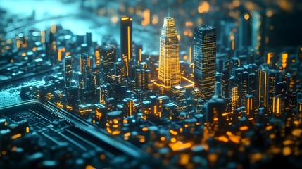 Illuminated Highrise Cityscape Night Metropolis Urban Business Finance Architecture
