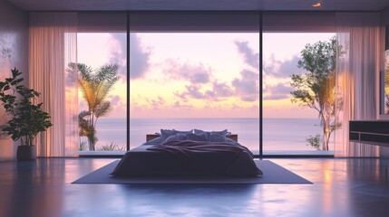 Modern home bedroom interior and panoramic window on tropics.