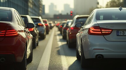 Back tail view of many cars stuck in row at highway road traffic jam warm hot sunny day at southern Europe Automobile accident vehicle rush hour collapse Transportation vacation season : Generative AI