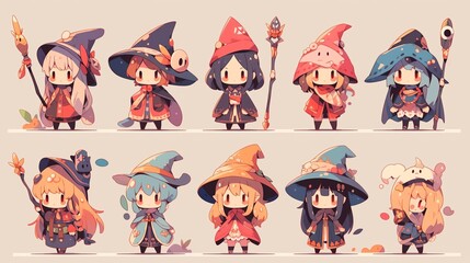Fototapeta premium A whimsical collection of colorful cartoon wizards with unique hats and magical staffs in a vibrant, playful design.