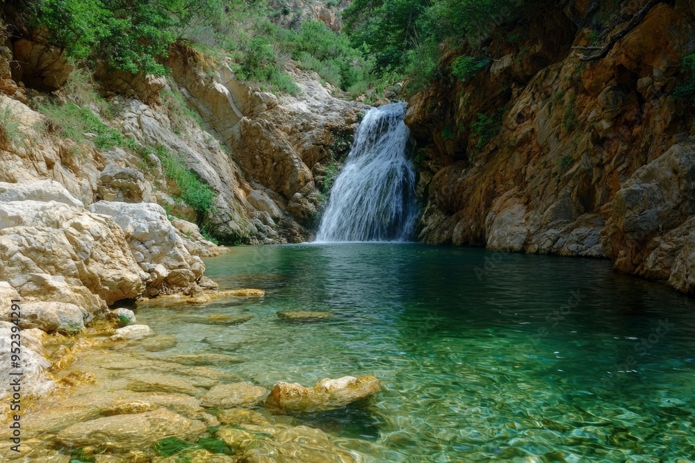 Poster a cascading waterfall empties into a clear pool surrounded by rocky cliffs.