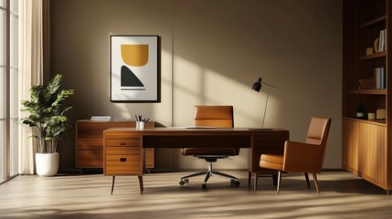 Mid-century modern office with vintage furniture.