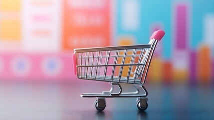 Miniature Shopping Cart on Colorful Blurred Background