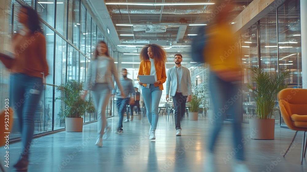 Poster Multiethnic startup business team on meeting in a modern bright open space coworking office Brainstorming working on laptop Group of coworkers walking around in motion blur : Generative AI