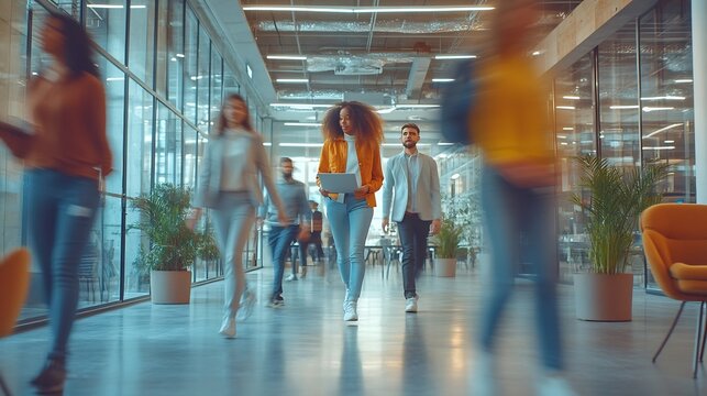 Multiethnic startup business team on meeting in a modern bright open space coworking office Brainstorming working on laptop Group of coworkers walking around in motion blur : Generative AI