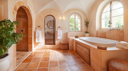 A bathroom has a warm and inviting atmosphere Mediterranean-style.