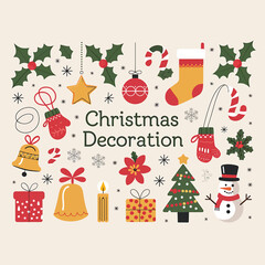 Big set of Christmas elements in doodle style. Christmas ornaments Vector illustration.