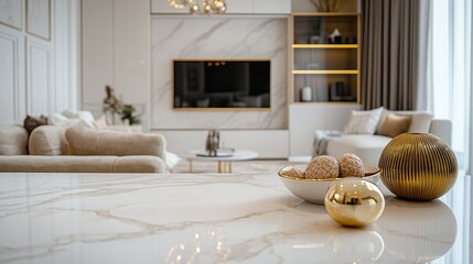 Luxury living room with marble countertops and gold fixtures.