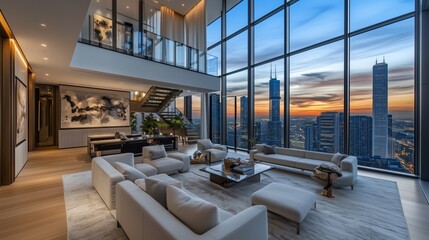 Luxury living room with a city skyline view.