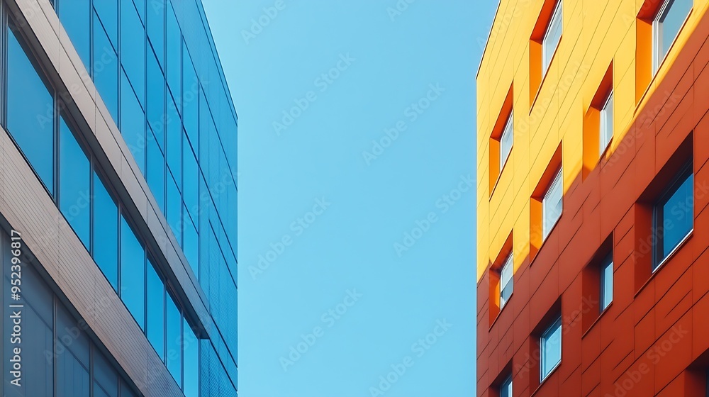 Poster the photo highlights the juxtaposition of two distinct building facades against the clear blue sky i