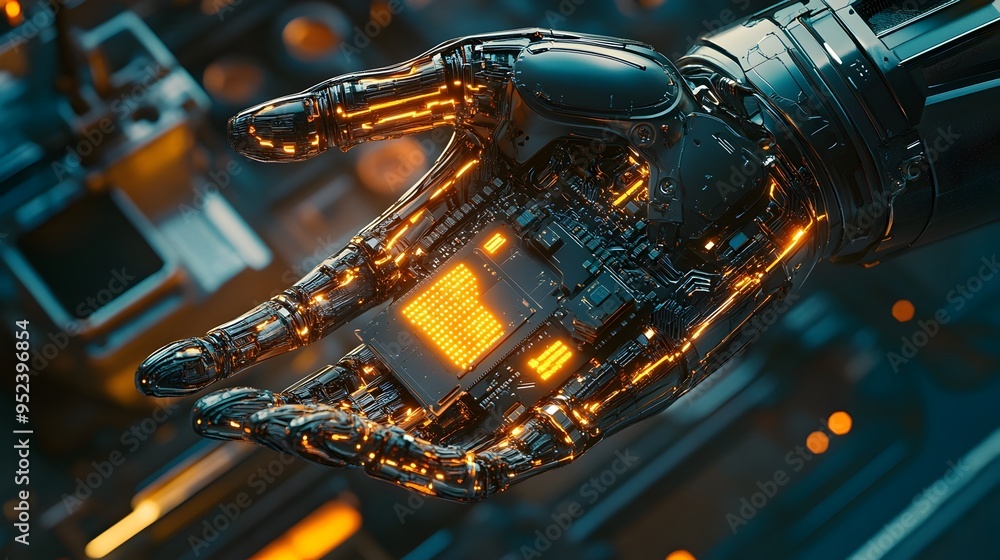 Poster glowing ai powered robotic hand holding microchip symbolizing precision and advancement of engineeri