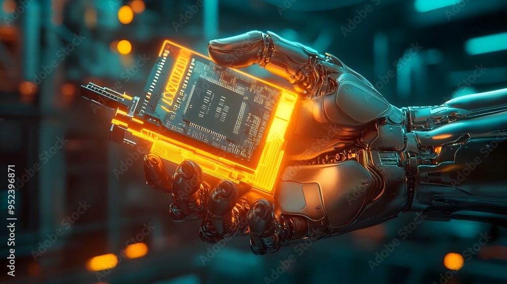 Poster glowing ai powered robotic hand holding microchip futuristic sci fi precision engineering
