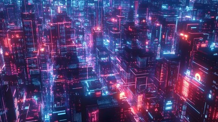 Glowing AI Powered Social Network Interconnecting Digital Nodes in Urban Cityscape