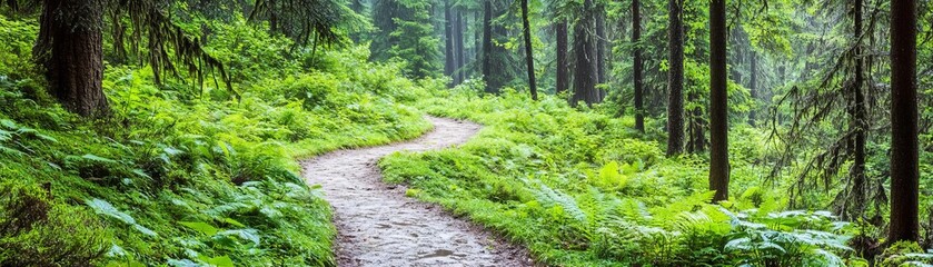 Fototapeta premium Rainy forest with a hiking trail winding through the trees, wet ground and lush vegetation, adventure and exploration theme
