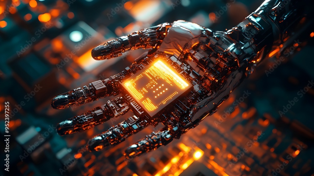 Poster glowing ai powered robotic hand holding delicate microchip symbolizing precision and advancement in 