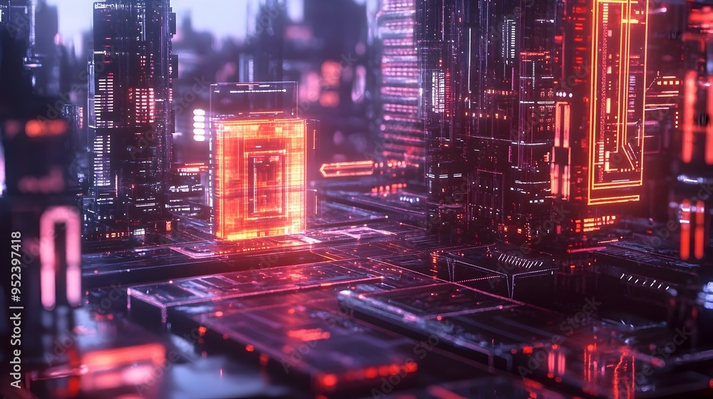 Poster glowing ai powered digital fortress with intricate cybersecurity protocols and futuristic architectu