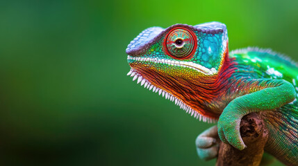 A close-up of a chameleon clinging to a branch, its colorful scales and independently moving eyes sharply in focus against a blurred green background.